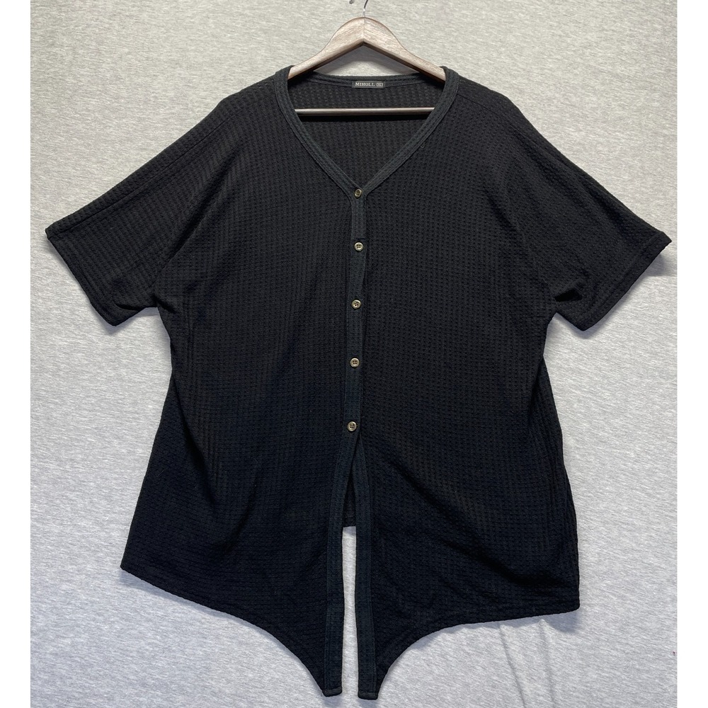 Miholl Waffle Knit Top Womens XL Black Cotton Short Sleeve V Neck Button Front